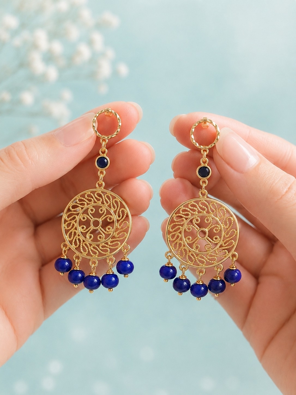 Gold Filigree Drop Earrings with Deep Blue Beads